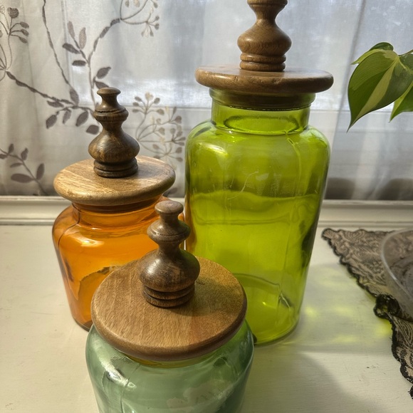 Set of Three Colorful Glass Jars with Wooden Lids - Picture 14 of 16